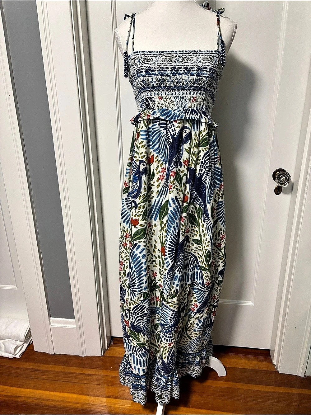 Farm Rio Macaw Flight Smocked Tiered Hem Cotton Dress Small